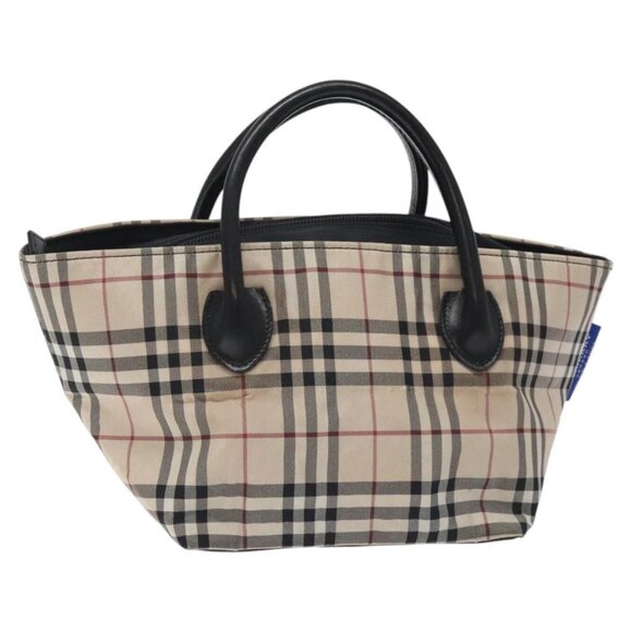 BURBERRY Nova Check Blue Label Hand Bag Nylon Beige Silver Auth kk531 - Picture 1 of 16